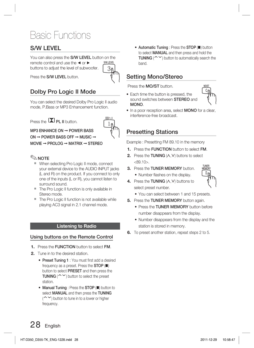 Samsung HT-D350/EN, HT-D350/XE manual Dolby Pro Logic II Mode, Setting Mono/Stereo, Presetting Stations, Listening to Radio 