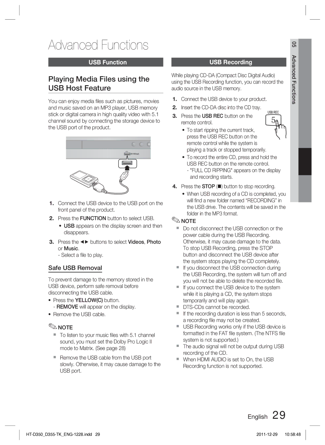 Samsung HT-D350/XE manual Playing Media Files using the USB Host Feature, USB Function, Safe USB Removal, USB Recording 