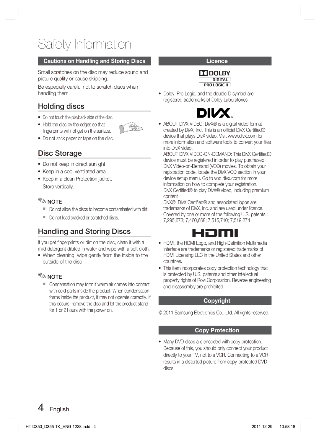 Samsung HT-D350/EN, HT-D350/XE Holding discs, Disc Storage, Handling and Storing Discs, Licence, Copyright Copy Protection 