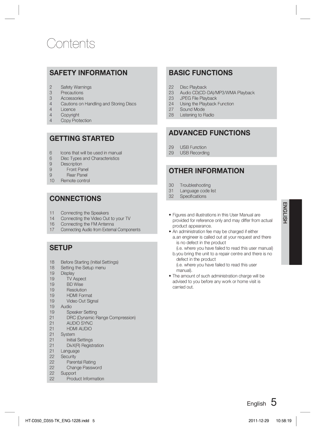 Samsung HT-D350/XE, HT-D350/EN manual Contents 