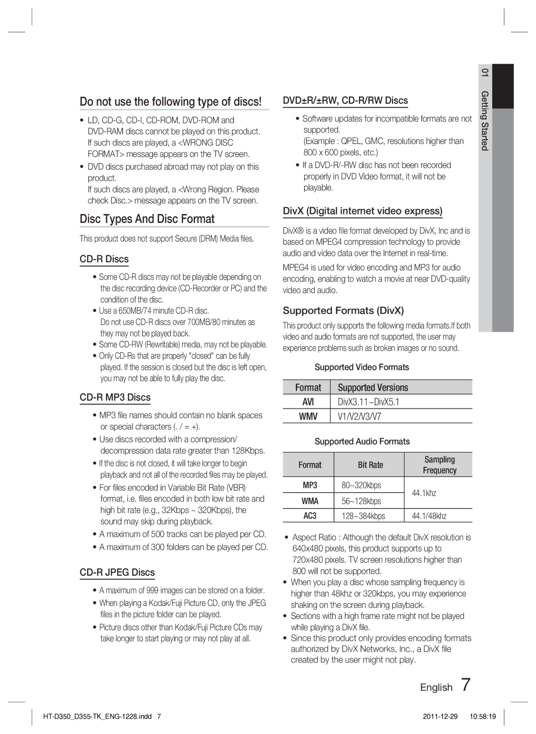 Samsung HT-D350/XE, HT-D350/EN manual Disc Types And Disc Format 