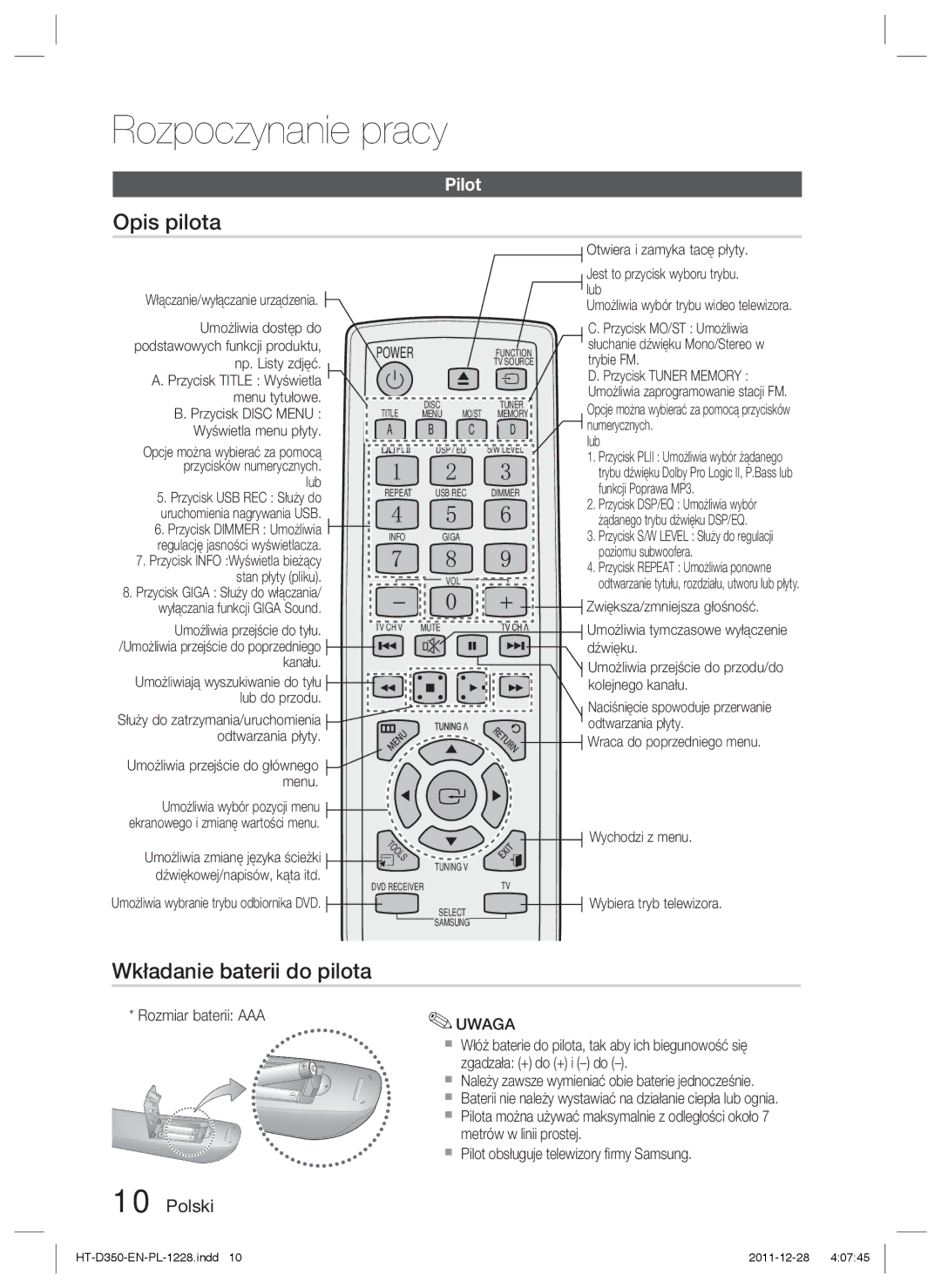 Samsung HT-D355/EN, HT-D350/EN Rozpoczynanie pracy, Opis pilota, Wkładanie baterii do pilota, Pilot, Rozmiar baterii AAA 