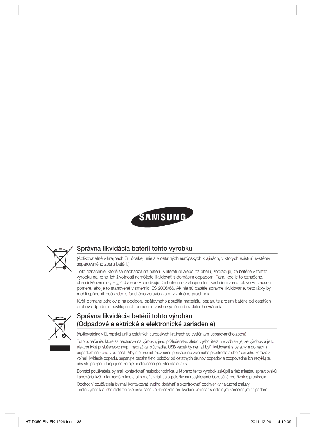 Samsung HT-D350/EN, HT-D355/EN, HT-D350/XE manual Správna likvidácia batérií tohto výrobku 