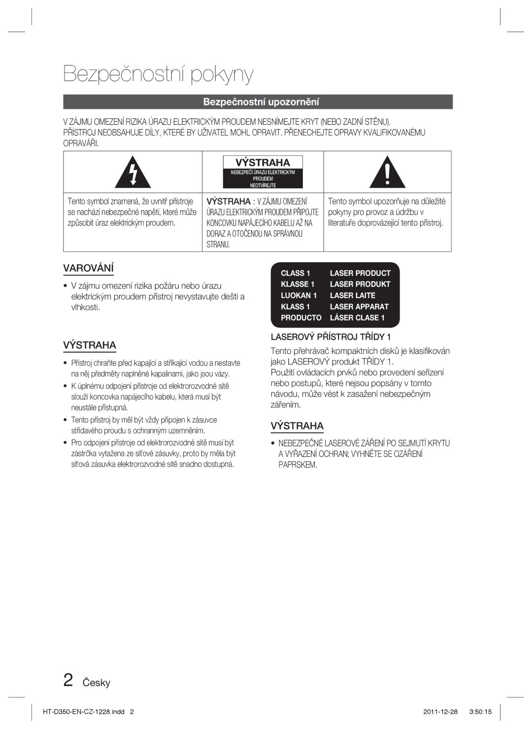 Samsung HT-D350/XE, HT-D350/EN manual Bezpečnostní pokyny, Bezpečnostní upozornění, Česky, Stranu, Laserový Přístroj Třídy 