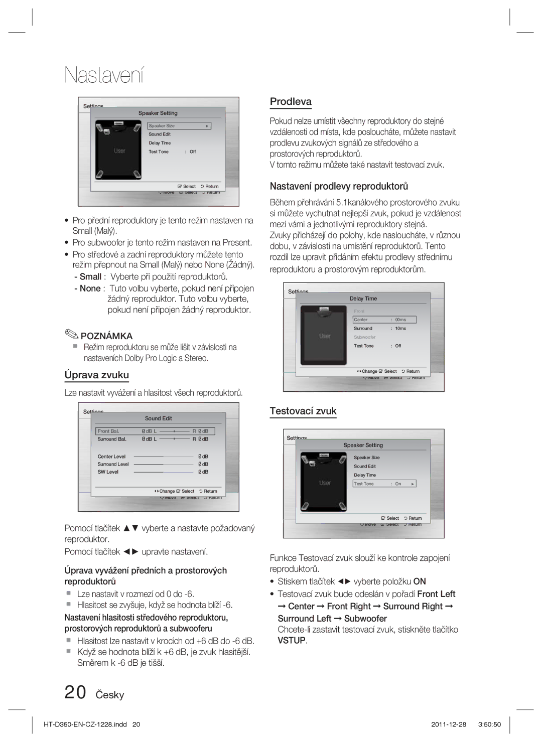 Samsung HT-D350/XE, HT-D350/EN Úprava zvuku, 20 Česky Prodleva, Nastavení prodlevy reproduktorů, Testovací zvuk, Vstup 