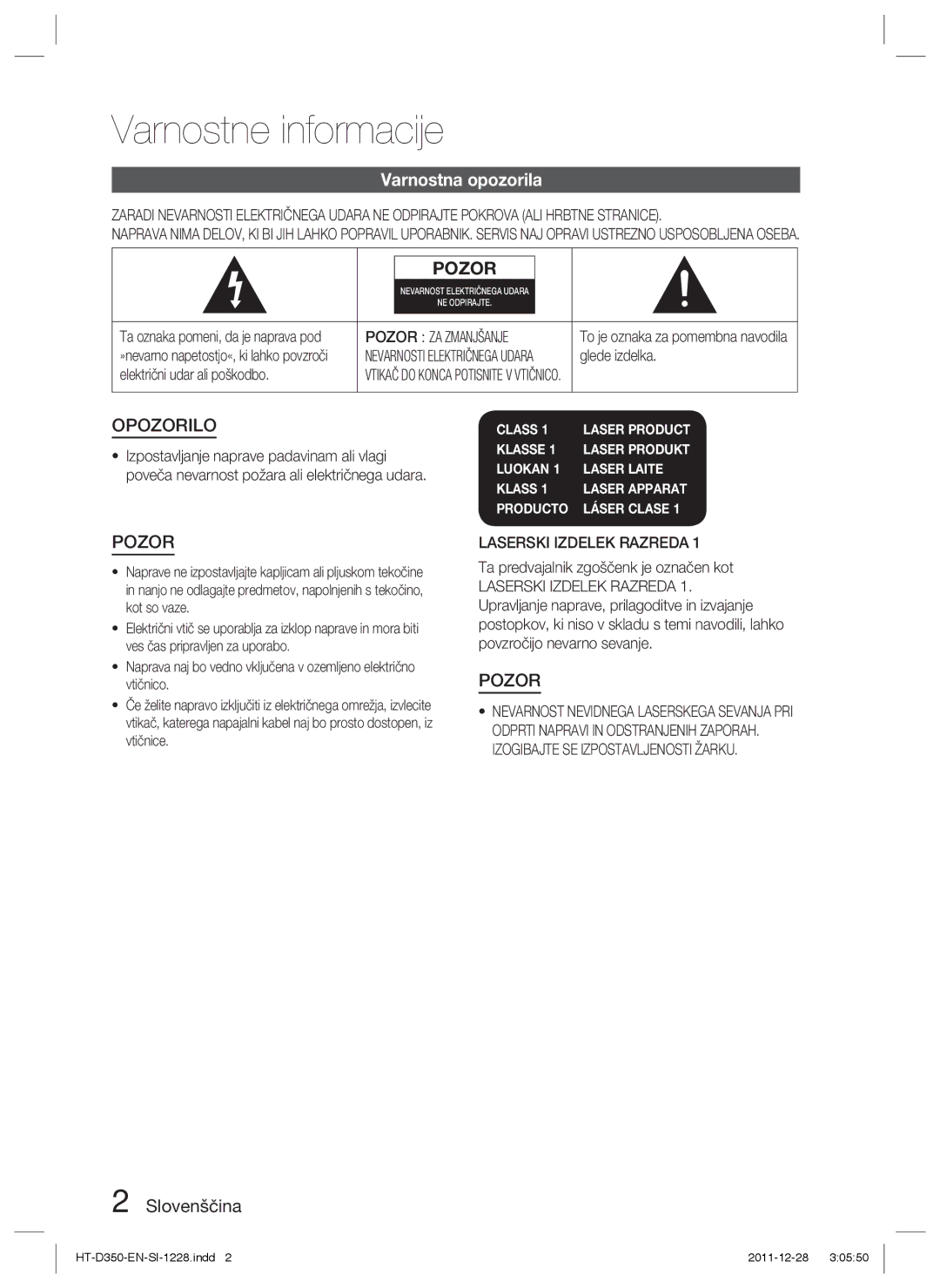 Samsung HT-D355/EN Varnostne informacije, Varnostna opozorila, Slovenščina, Pozor ZA Zmanjšanje, Laserski Izdelek Razreda 