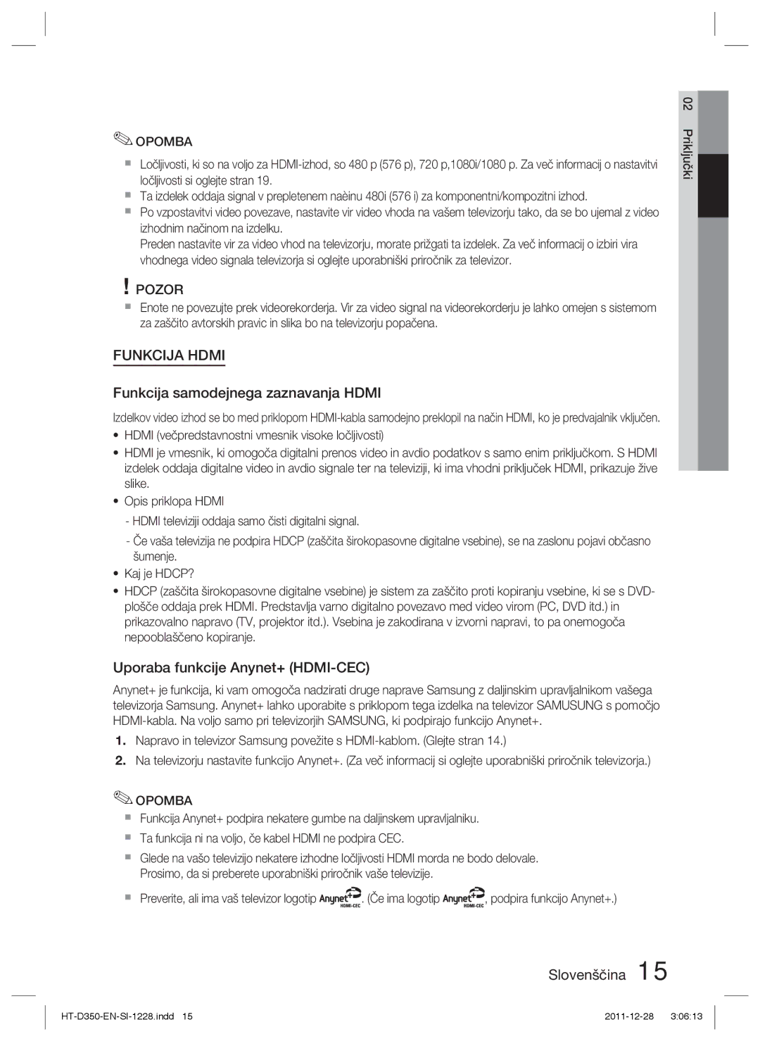 Samsung HT-D350/XE, HT-D350/EN, HT-D355/EN manual Funkcija samodejnega zaznavanja Hdmi, Uporaba funkcije Anynet+ HDMI-CEC 