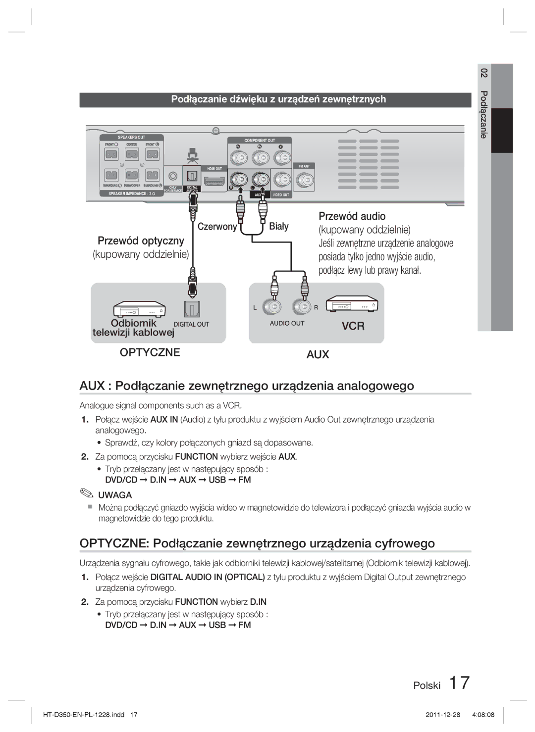 Samsung HT-D350/XE, HT-D350/EN AUX Podłączanie zewnętrznego urządzenia analogowego, Przewód audio, Kupowany oddzielnie 