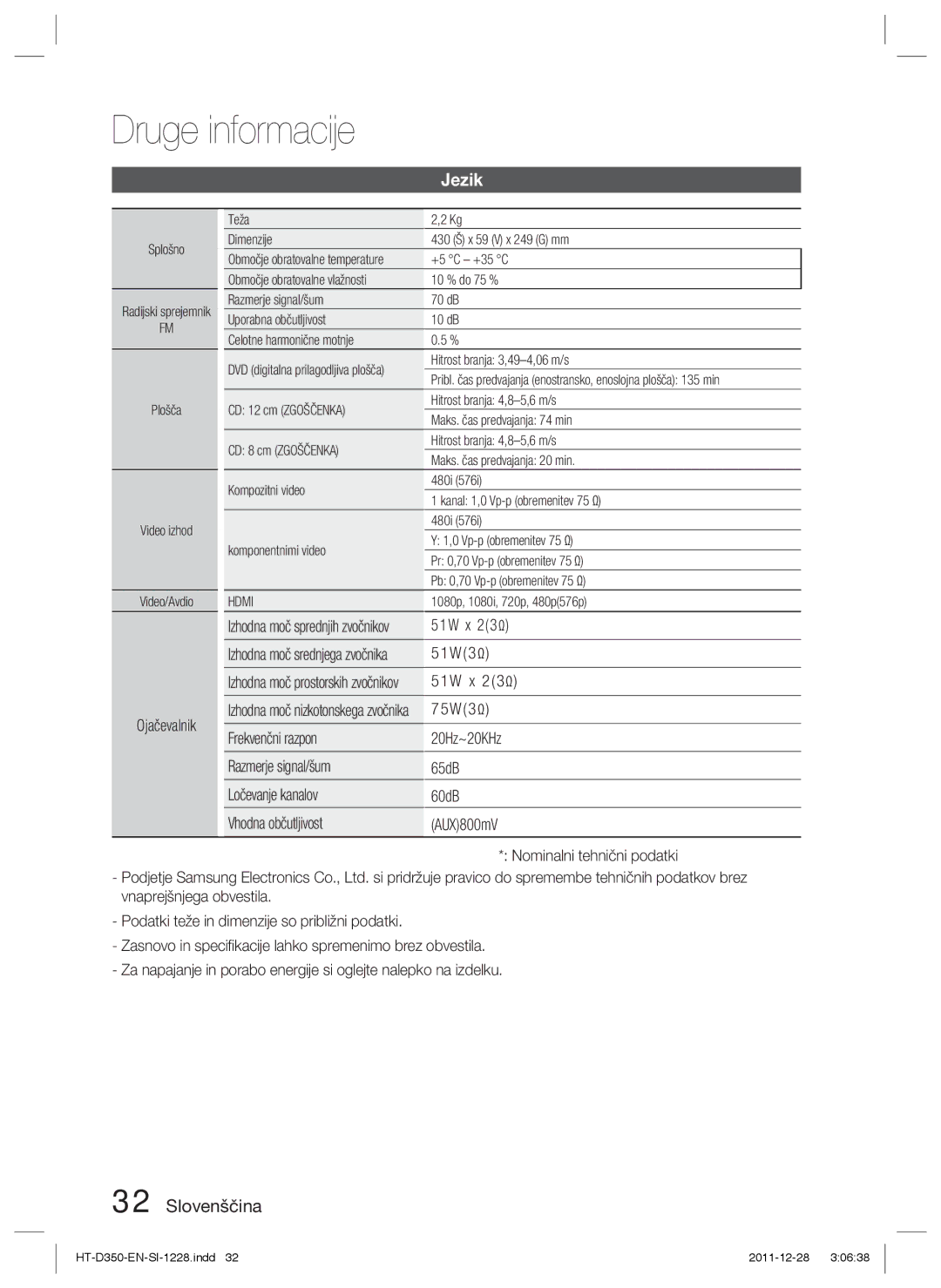 Samsung HT-D355/EN, HT-D350/EN, HT-D350/XE manual Ojačevalnik, 51W x 23 Ω, W 3 Ω, X 2 3 Ω 