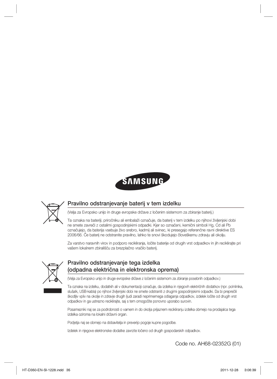 Samsung HT-D355/EN, HT-D350/EN, HT-D350/XE manual Pravilno odstranjevanje baterij v tem izdelku 