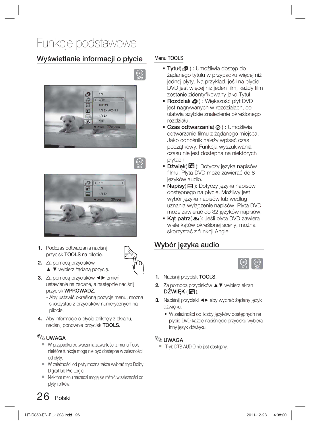 Samsung HT-D350/XE, HT-D350/EN, HT-D355/EN manual Funkcje podstawowe, Wyświetlanie informacji o płycie, Wybór języka audio 