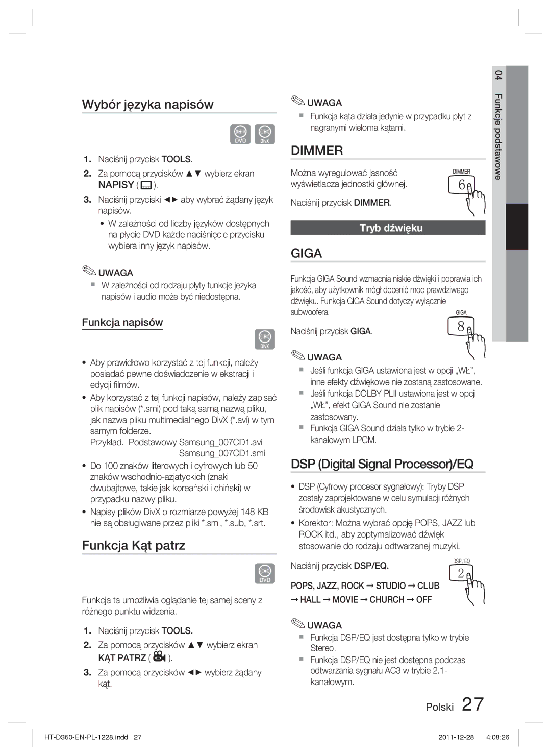 Samsung HT-D350/EN Wybór języka napisów, Funkcja Kąt patrz, DSP Digital Signal Processor/EQ, Funkcja napisów, Tryb dźwięku 