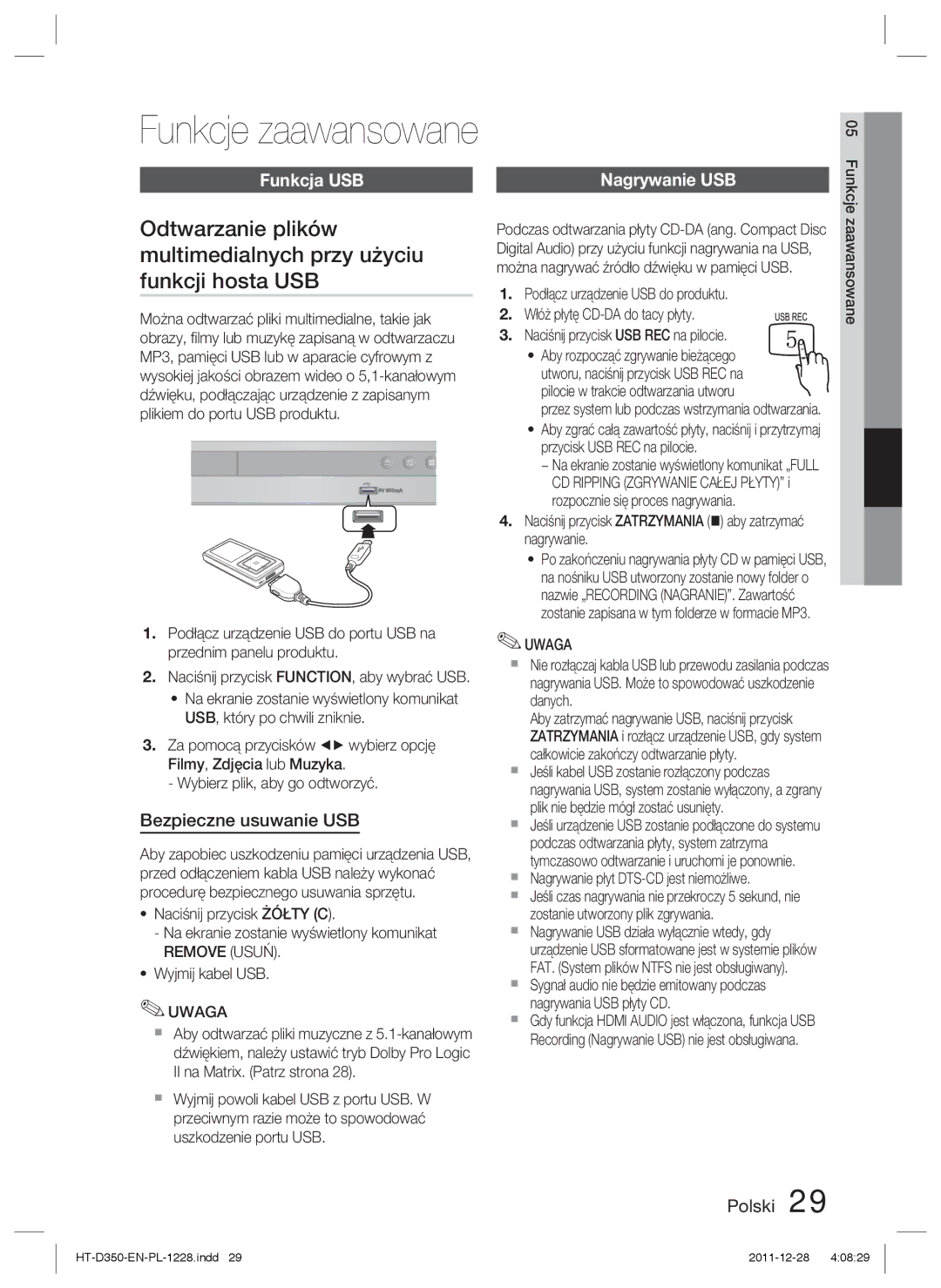 Samsung HT-D350/XE, HT-D350/EN, HT-D355/EN manual Funkcja USB, Bezpieczne usuwanie USB, Nagrywanie USB 