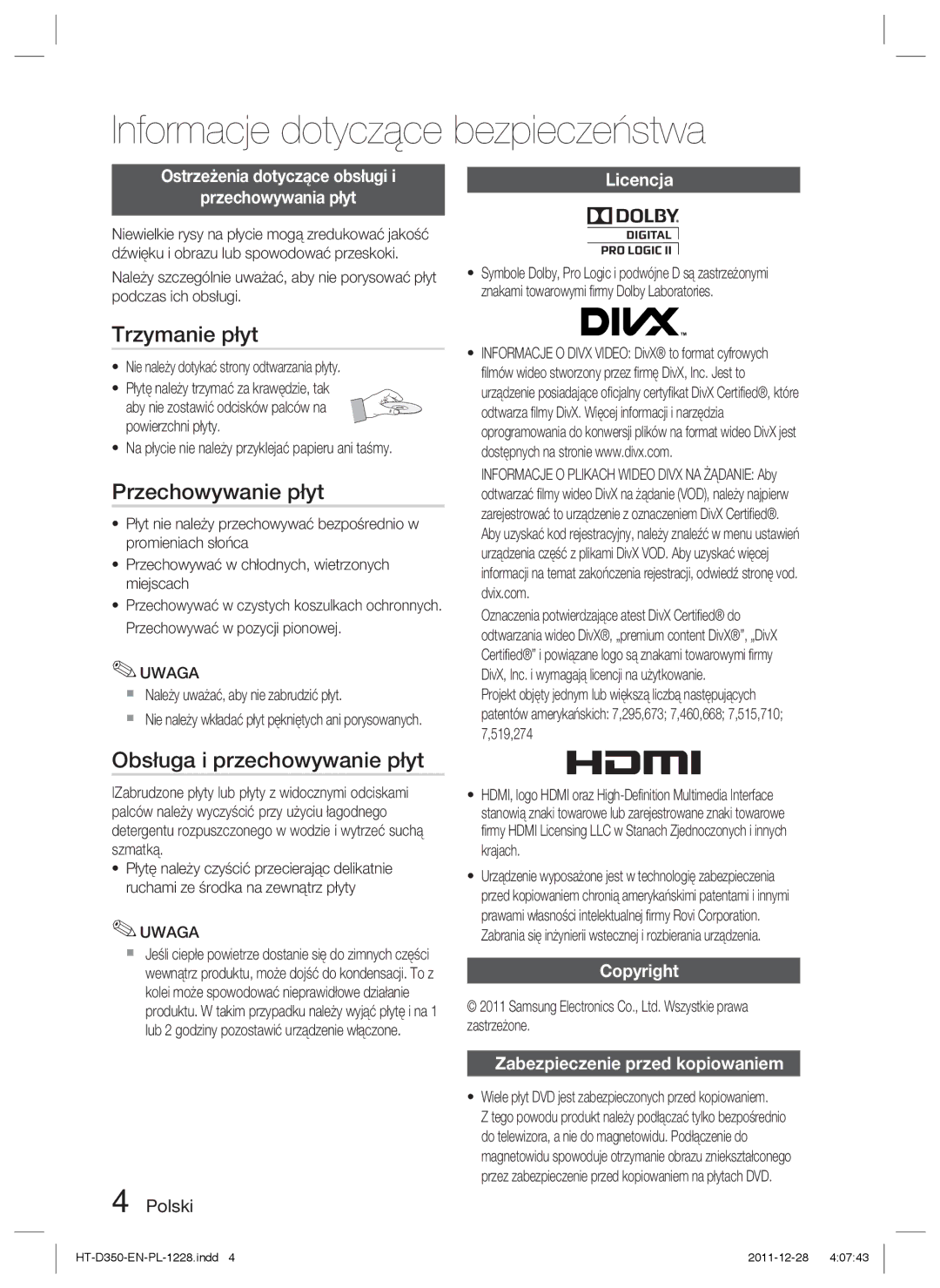 Samsung HT-D355/EN, HT-D350/EN, HT-D350/XE manual Trzymanie płyt, Przechowywanie płyt, Obsługa i przechowywanie płyt 