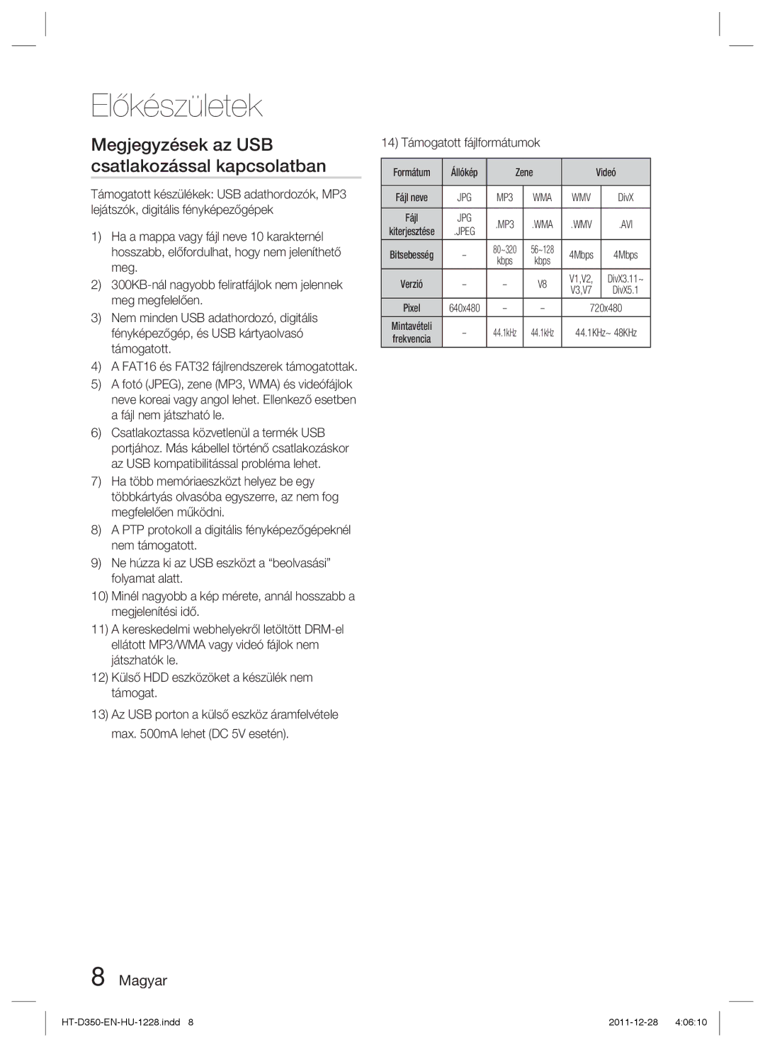 Samsung HT-D355/EN manual Megjegyzések az USB csatlakozással kapcsolatban, 14 Támogatott fájlformátumok, Állókép Zene Videó 