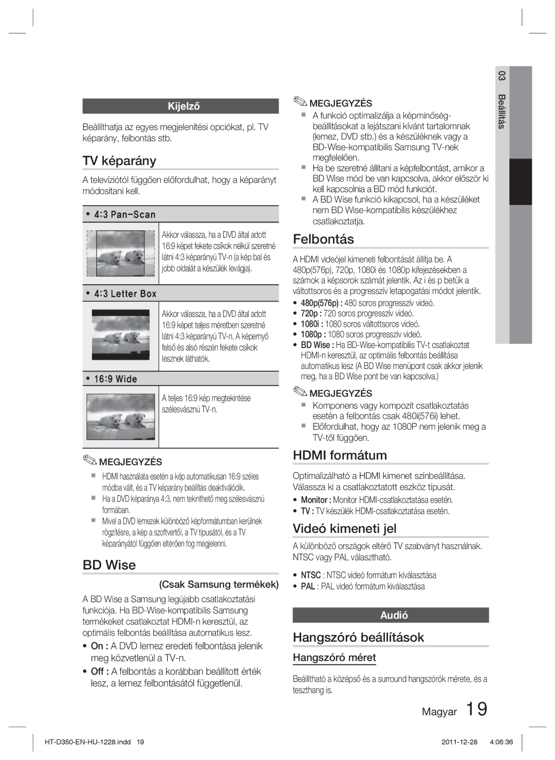 Samsung HT-D350/EN, HT-D355/EN, HT-D350/XE TV képarány, Felbontás, Hdmi formátum, Videó kimeneti jel, Hangszóró beállítások 