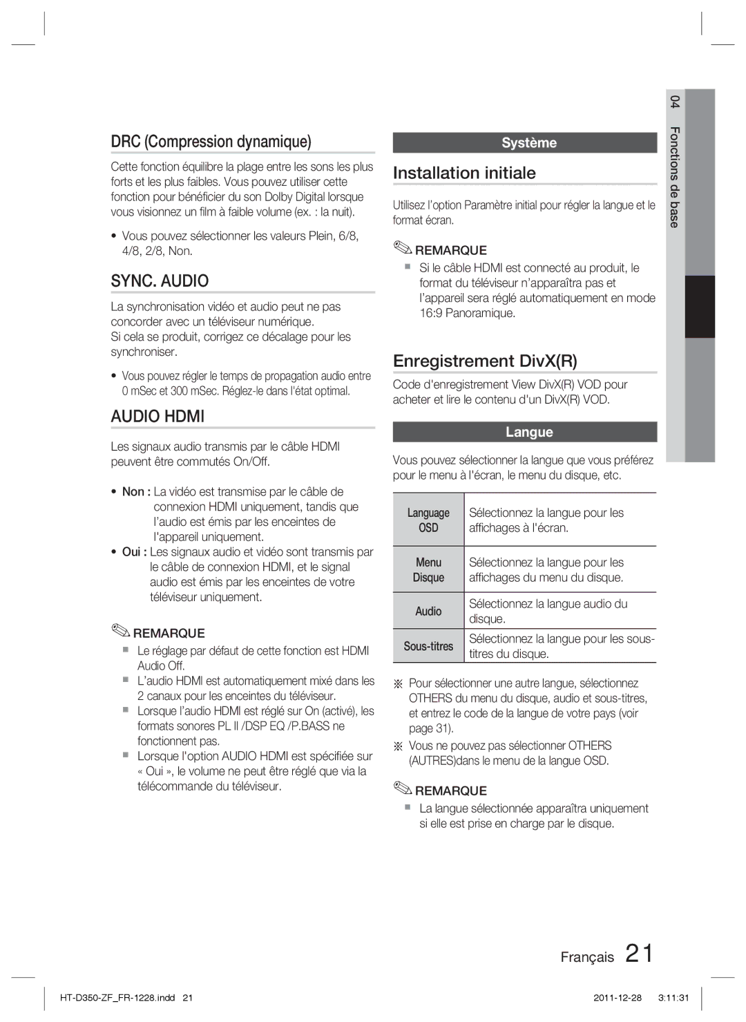 Samsung HT-D355/EN, HT-D350/EN DRC Compression dynamique, Installation initiale, Enregistrement DivXR, Système, Langue 