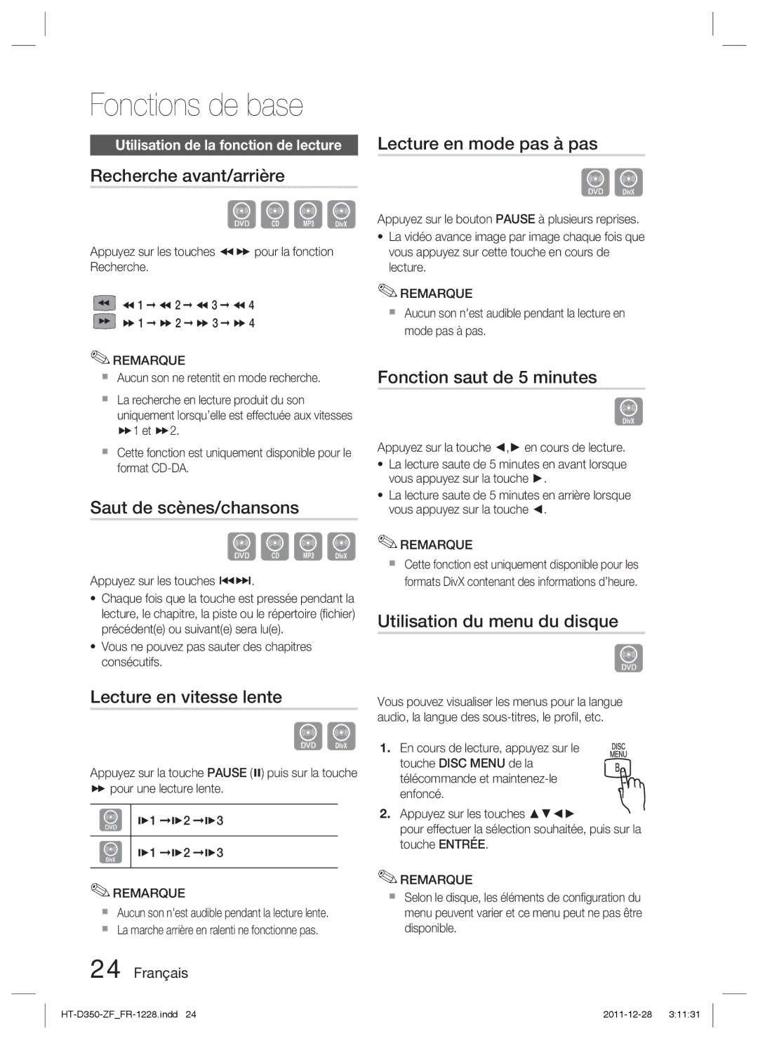 Samsung HT-D350/EN, HT-D355/EN, HT-D350/XN, HT-D350/ZF manual Fonctions de base 