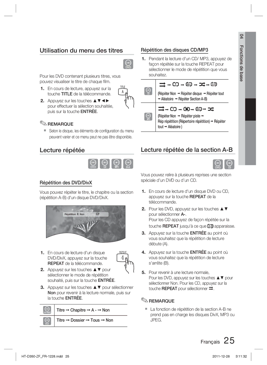 Samsung HT-D355/EN Utilisation du menu des titres, Lecture répétée de la section A-B, Répétition des disques CD/MP3 