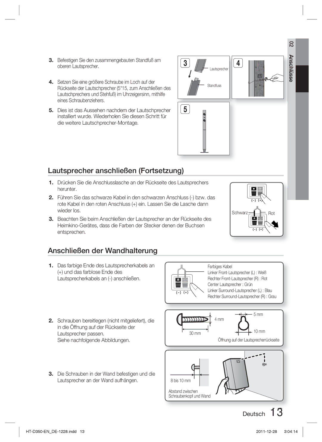 Samsung HT-D350/ZF, HT-D350/EN, HT-D355/EN Lautsprecher anschließen Fortsetzung, Anschließen der Wandhalterung, Schwarz 