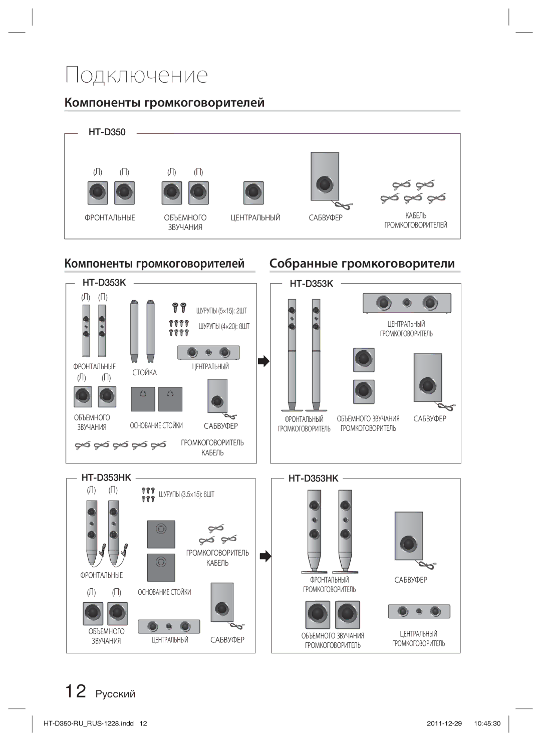 Samsung HT-D350K/RU, HT-D353K/RU manual Компоненты громкоговорителей Собранные громкоговорители, HT-D353HK 