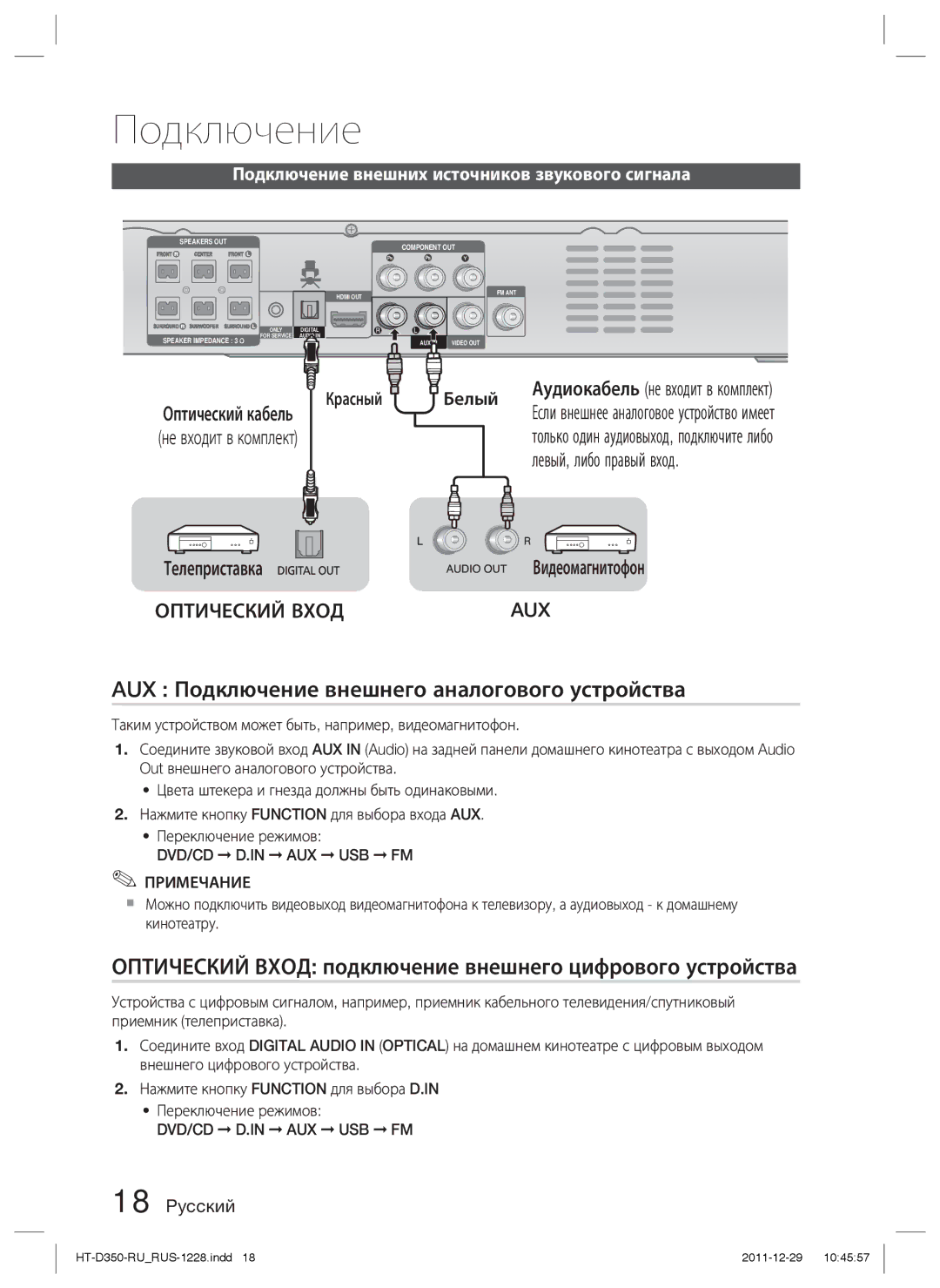 Samsung HT-D350K/RU, HT-D353K/RU AUX Подключение внешнего аналогового устройства, Левый, либо правый вход, Телеприставка 