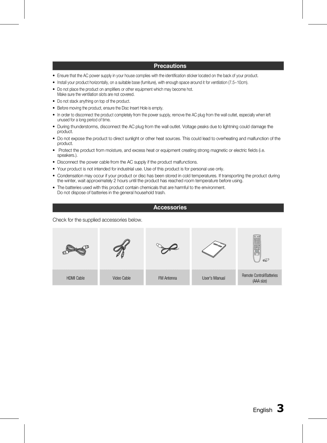 Samsung HT-D353HK/ZN, HT-D350K/ZN manual Precautions, Accessories, English , Check for the supplied accessories below 