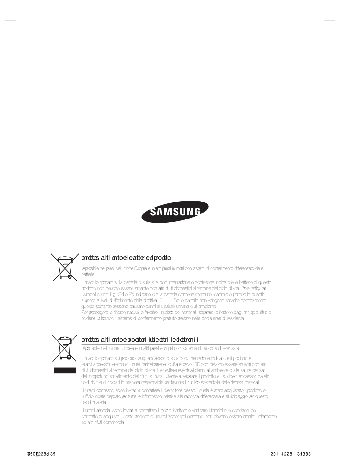 Samsung HT-D350/ZF, HT-D355/ZF manual Corretto smaltimento delle batterie del prodotto 