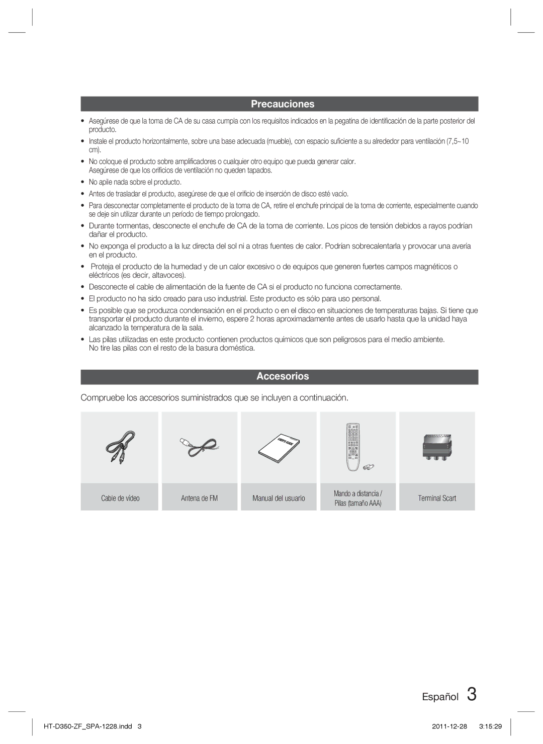 Samsung HT-D355/ZF, HT-D350/ZF Precauciones, Accesorios, Cable de vídeo Antena de FM Manual del usuario, Terminal Scart 