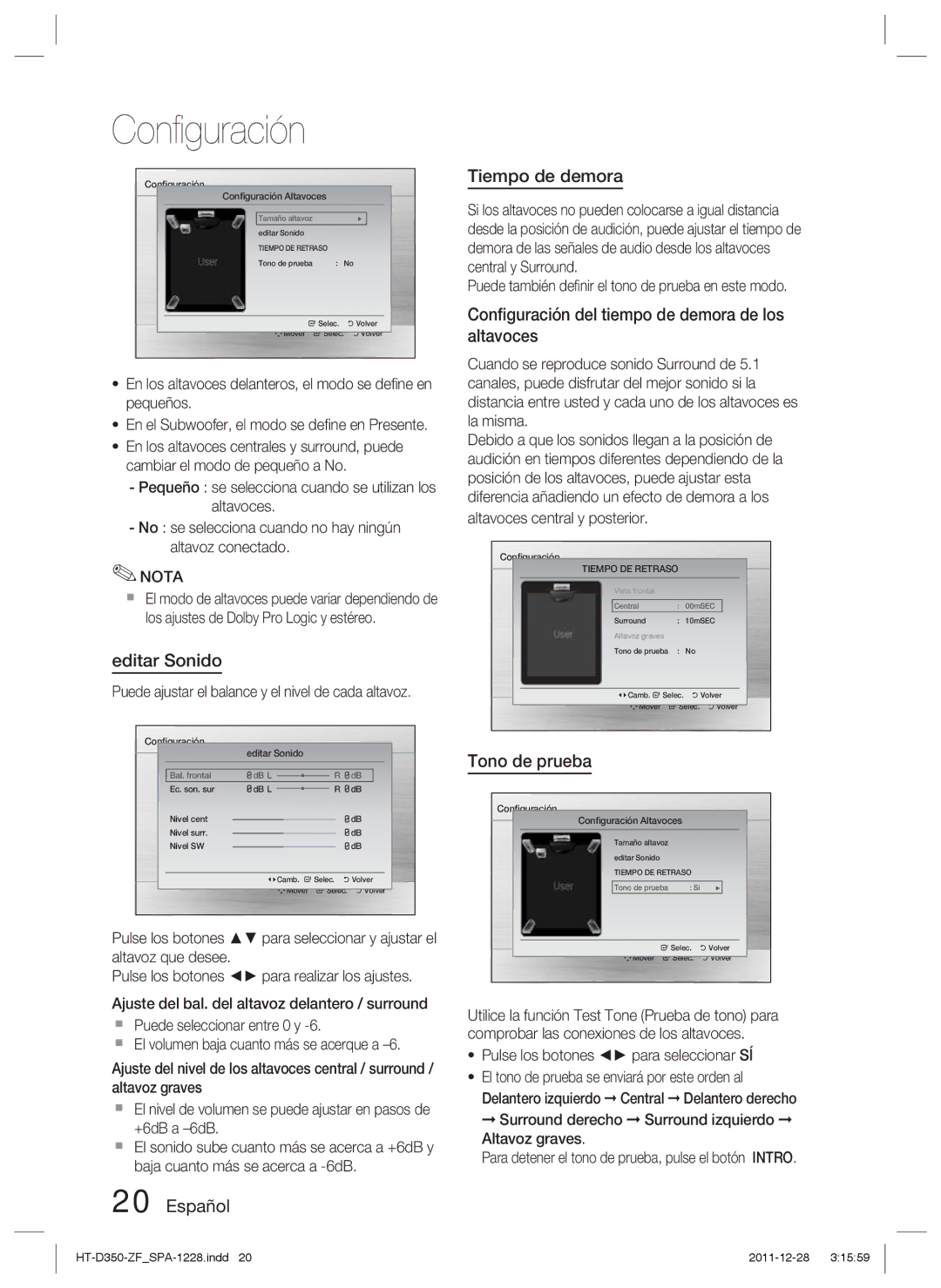 Samsung HT-D350/ZF, HT-D355/ZF Editar Sonido, Español Tiempo de demora, Conﬁguración del tiempo de demora de los altavoces 