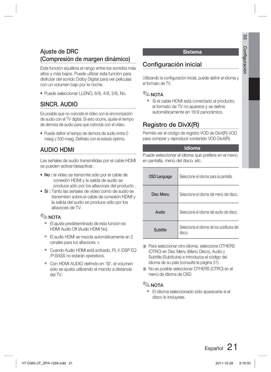 Samsung HT-D355/ZF Ajuste de DRC Compresión de margen dinámico, SINCR. Audio, Conﬁguración inicial, Registro de DivXR 