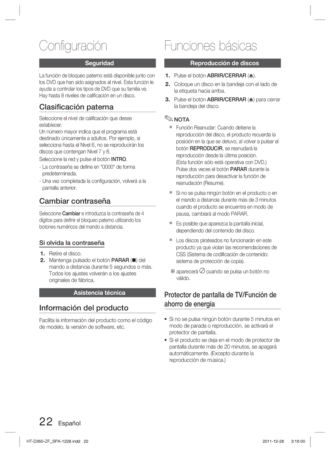 Samsung HT-D350/ZF, HT-D355/ZF manual Clasiﬁcación paterna, Cambiar contraseña, Información del producto 