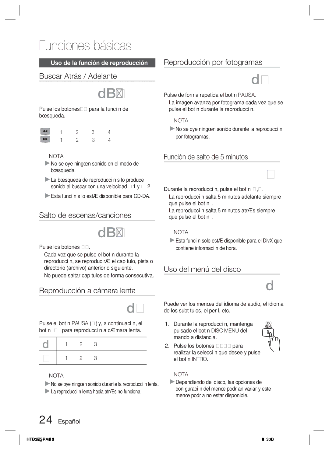 Samsung HT-D350/ZF, HT-D355/ZF manual Funciones básicas 