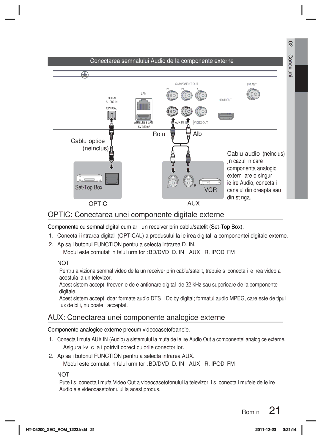 Samsung HT-D4200/EN Optic Conectarea unei componente digitale externe, AUX Conectarea unei componente analogice externe 