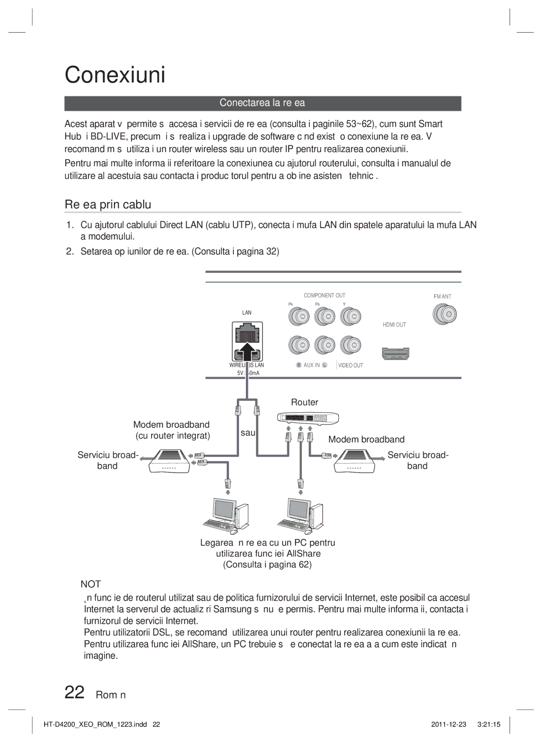 Samsung HT-D4200/EN manual Conectarea la reţea, 22 Română, Modem broadband, Serviciu broad Band, Cu router integrat 