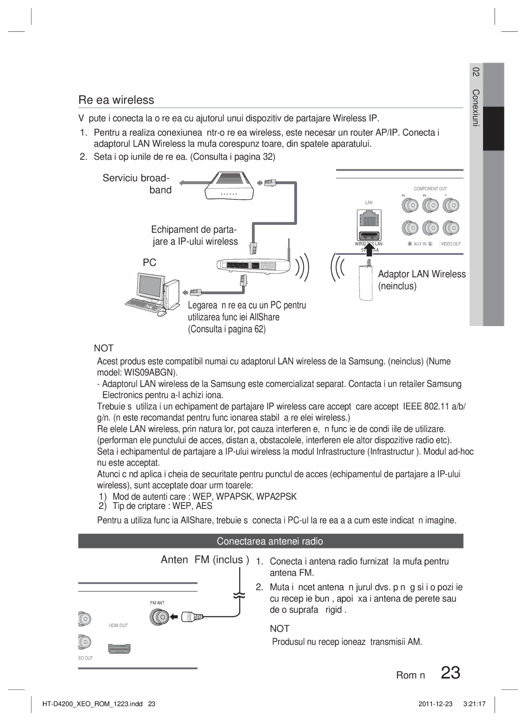 Samsung HT-D4200/EN manual Antenă FM inclusă, Serviciu broad- band, Adaptor LAN Wireless neinclus, Conectarea antenei radio 