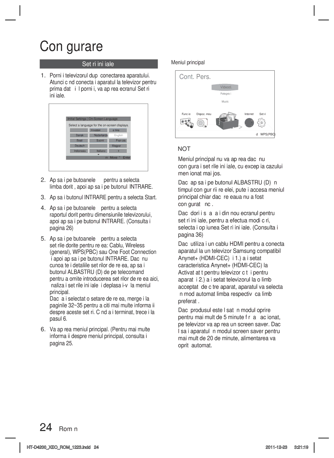 Samsung HT-D4200/EN manual Conﬁgurare, Setări iniţiale, 24 Română 