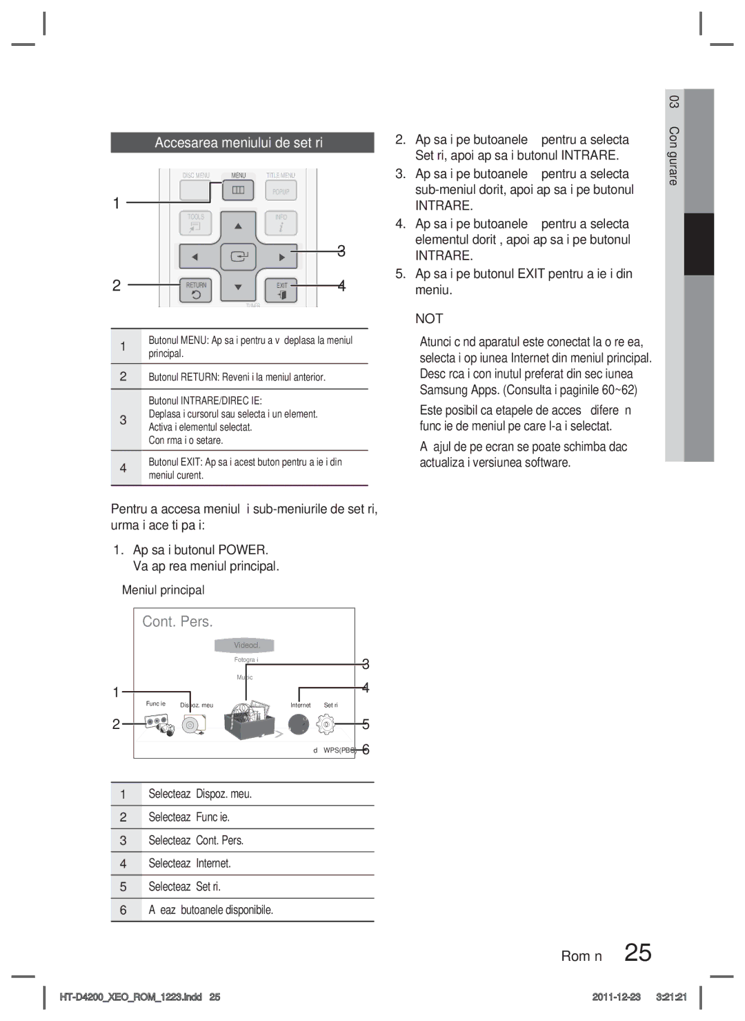 Samsung HT-D4200/EN manual Accesarea meniului de setări, Intrare 