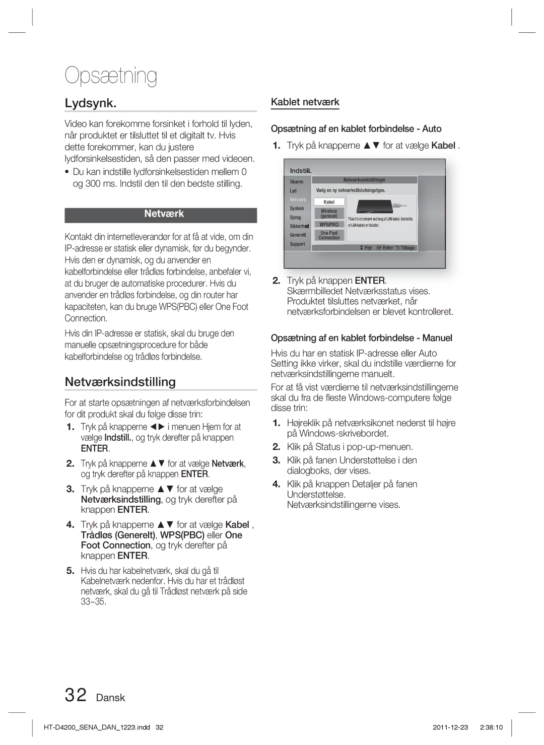 Samsung HT-D4200/XE manual Lydsynk, Netværksindstilling, Kablet netværk 