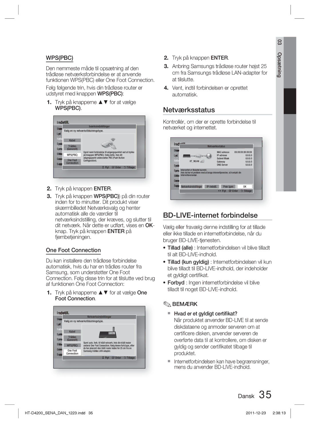 Samsung HT-D4200/XE manual Netværksstatus, BD-LIVE-internet forbindelse, Tryk på knappen Enter 