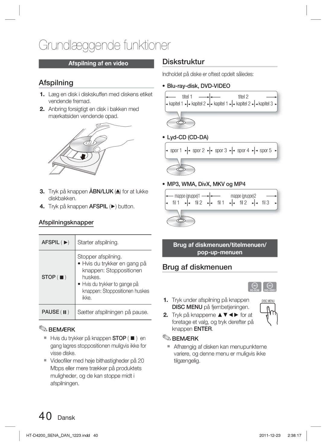 Samsung HT-D4200/XE manual Grundlæggende funktioner, Afspilning, Diskstruktur, Brug af diskmenuen 