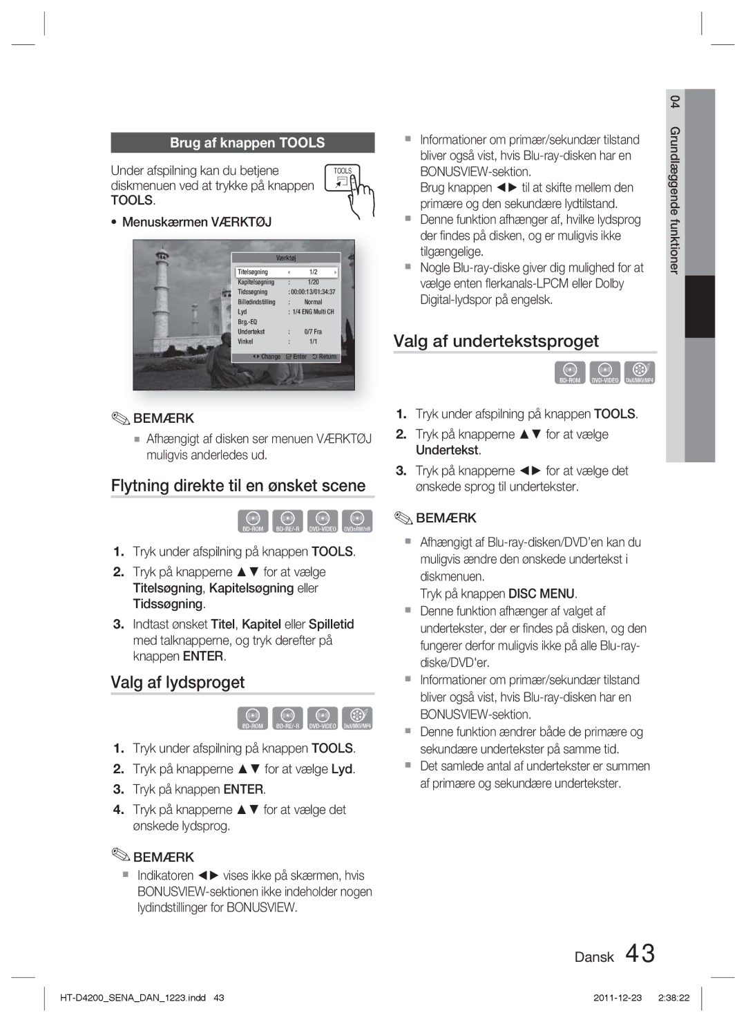 Samsung HT-D4200/XE manual Flytning direkte til en ønsket scene, Valg af lydsproget, Valg af undertekstsproget 