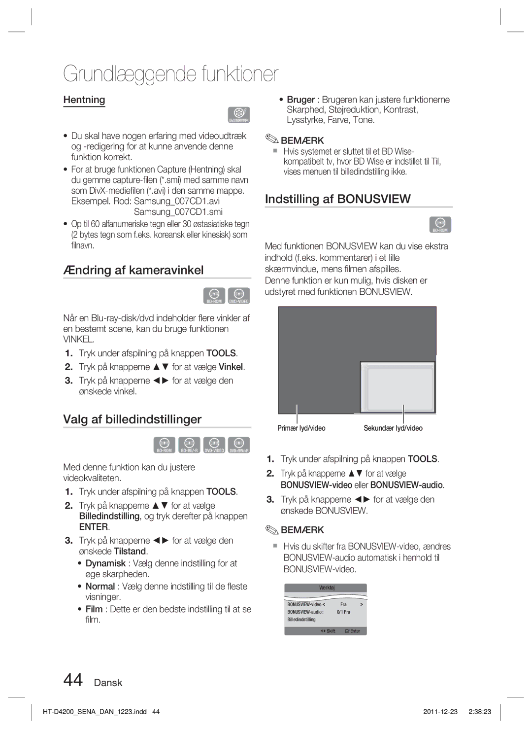 Samsung HT-D4200/XE manual Ændring af kameravinkel, Valg af billedindstillinger, Indstilling af Bonusview, Hentning 