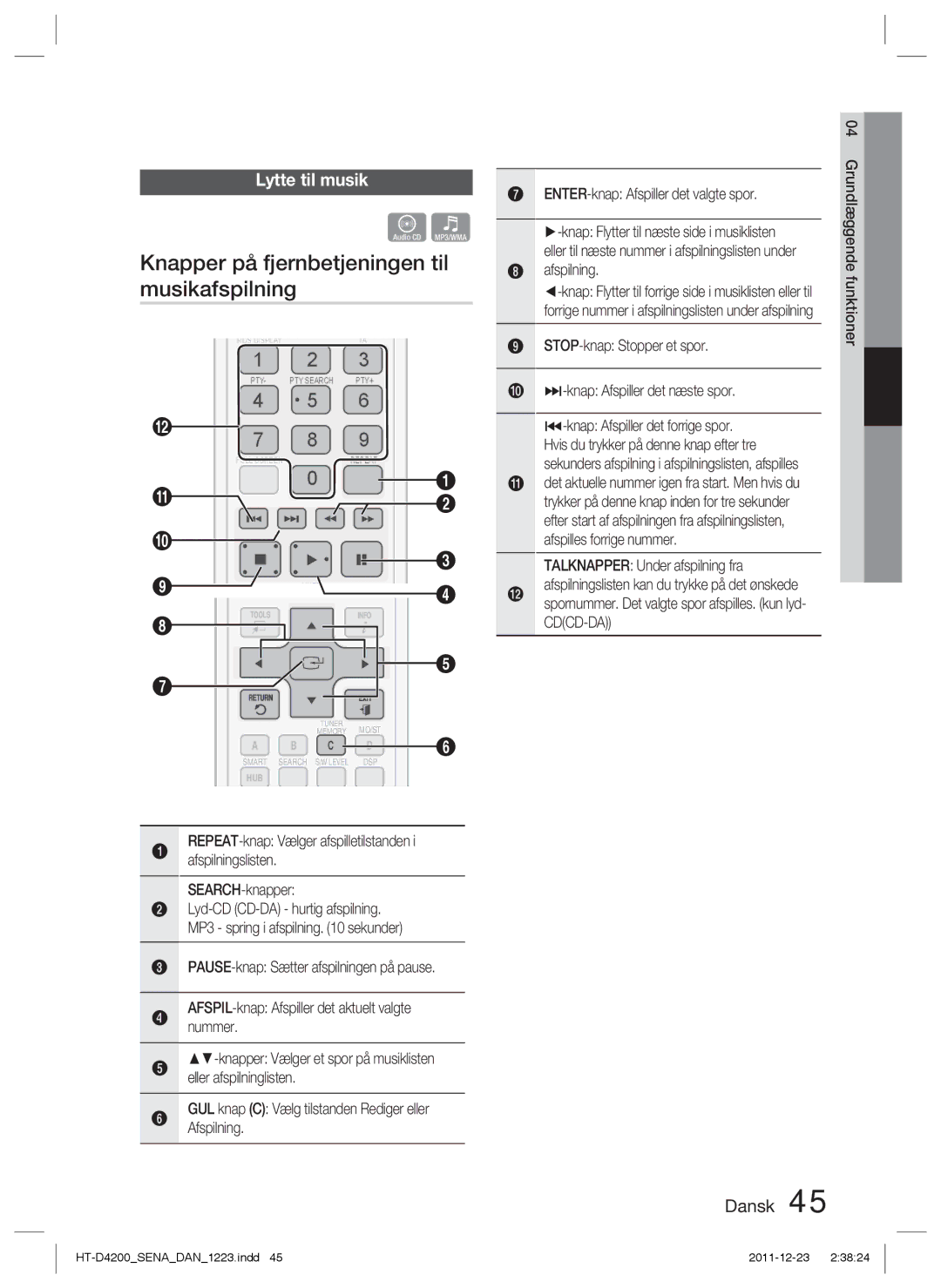 Samsung HT-D4200/XE manual Knapper på fjernbetjeningen til musikafspilning, Lytte til musik, SEARCH-knapper, Afspilning 