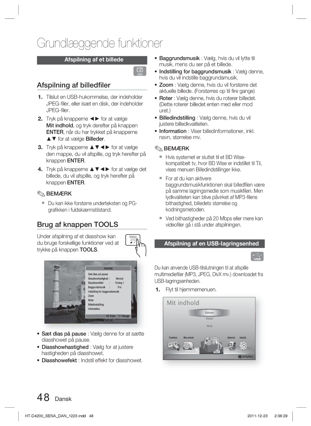 Samsung HT-D4200/XE manual Afspilning af billedﬁler, Brug af knappen Tools, Afspilning af et billede 