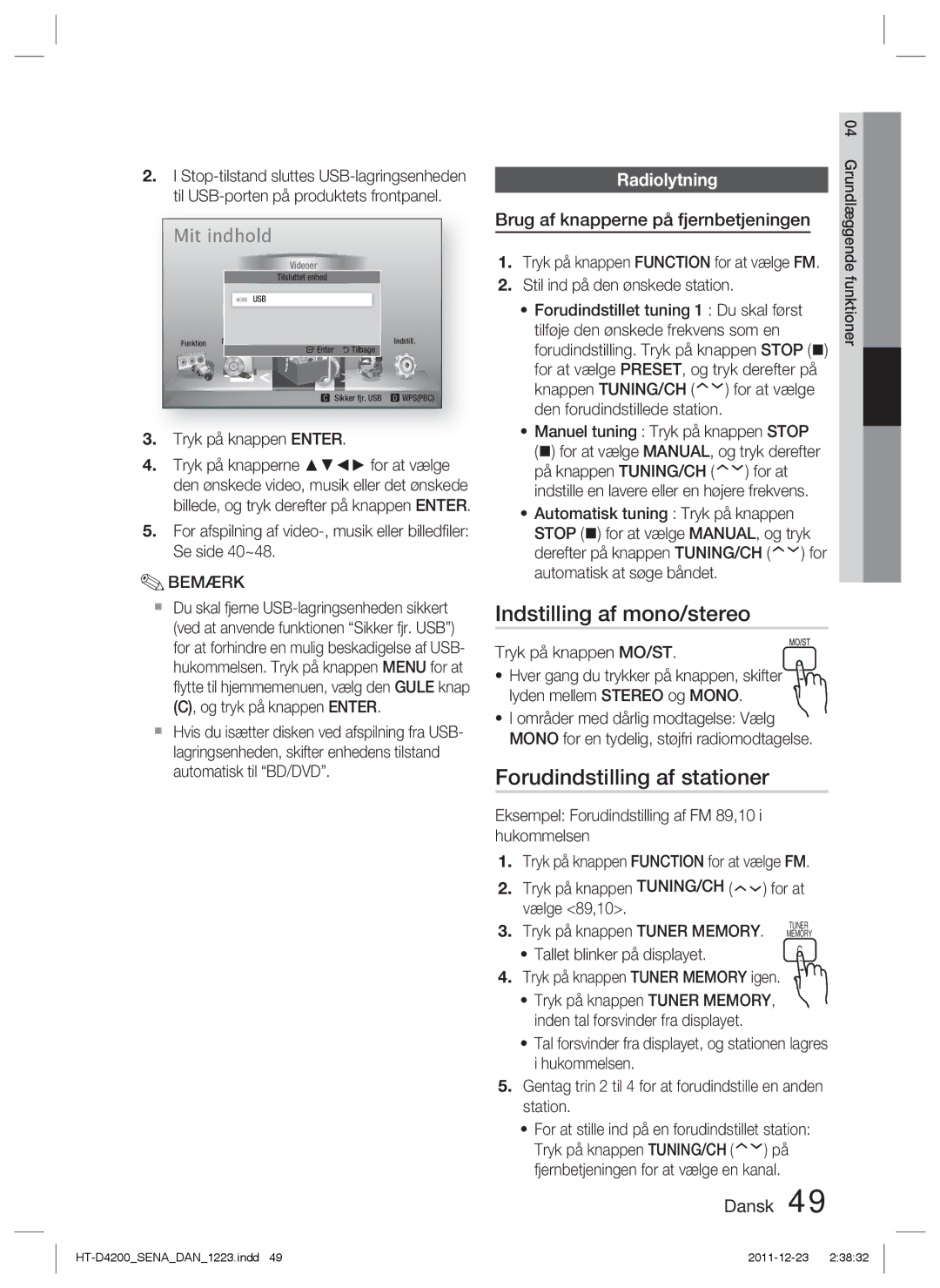 Samsung HT-D4200/XE manual Indstilling af mono/stereo, Forudindstilling af stationer, Radiolytning 