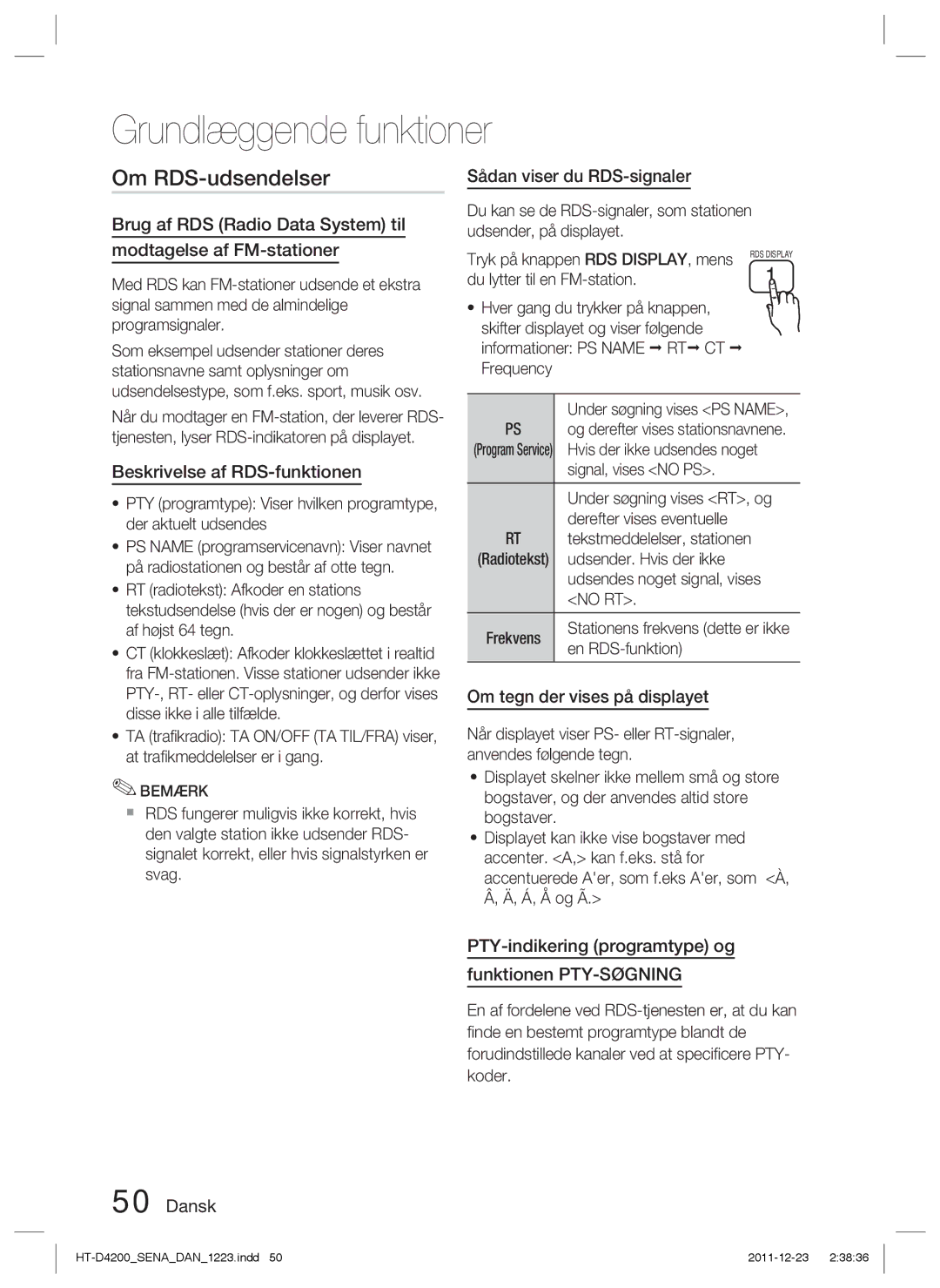 Samsung HT-D4200/XE manual Om RDS-udsendelser, Beskrivelse af RDS-funktionen, Sådan viser du RDS-signaler 