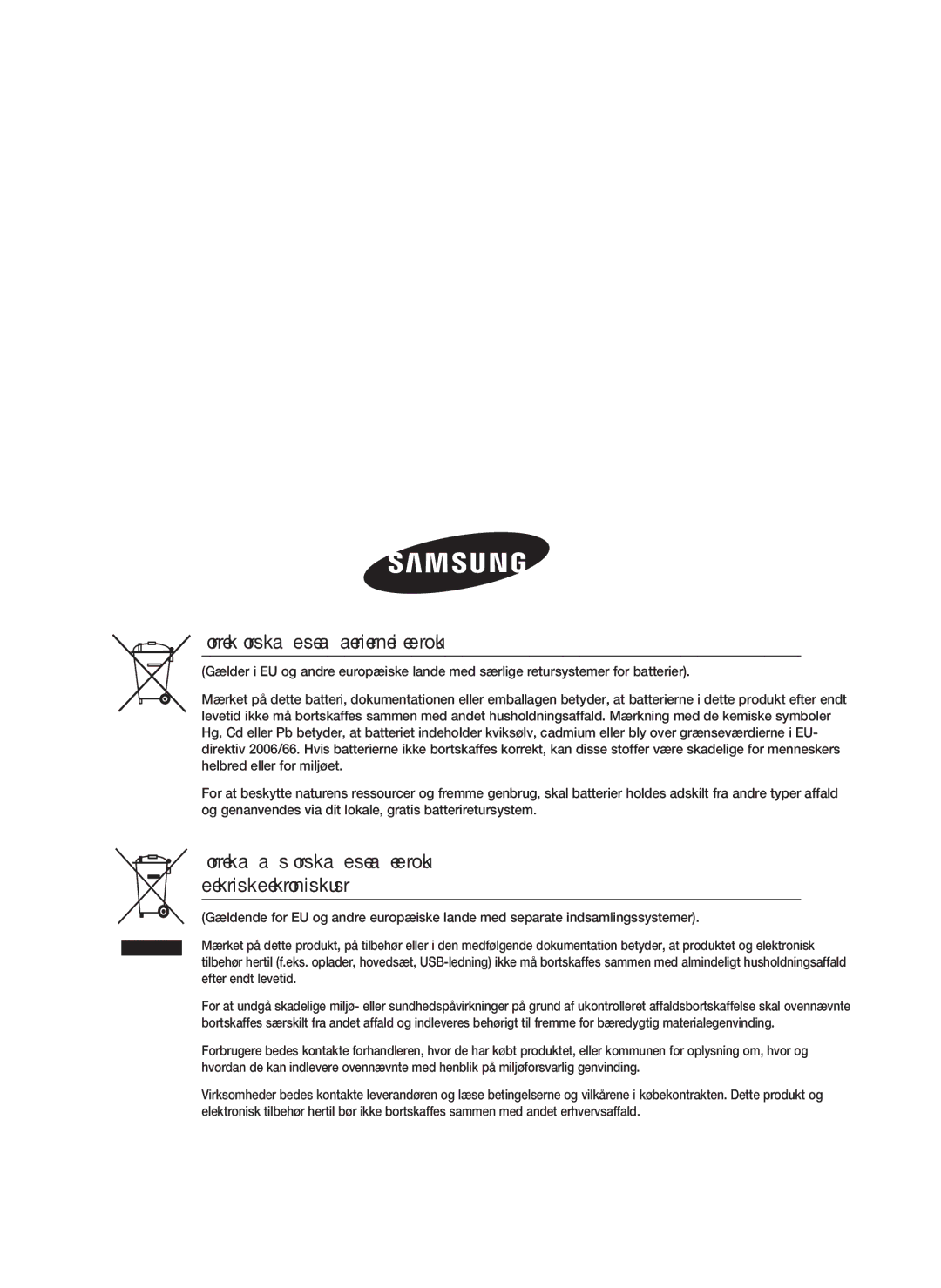 Samsung HT-D4200/XE manual Korrekt bortskaffelse af batterierne i dette produkt 