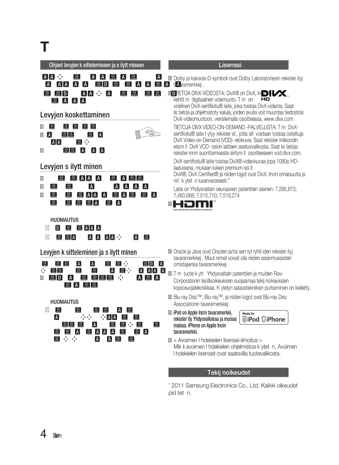 Samsung HT-D4200/XE manual Levyjen koskettaminen, Levyjen säilyttäminen, Levyjen käsitteleminen ja säilyttäminen, Lisenssi 