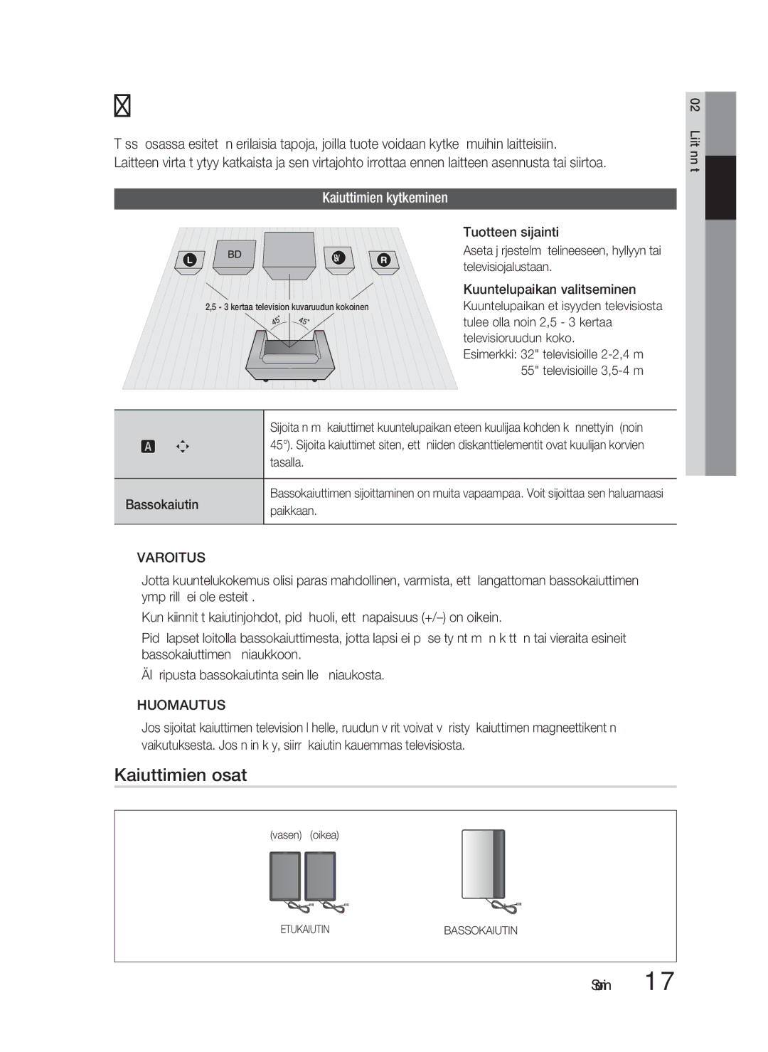 Samsung HT-D4200/XE manual Liitännät, Kaiuttimien osat, Kaiuttimien kytkeminen, Etukaiuttimet ei Bassokaiutin g 